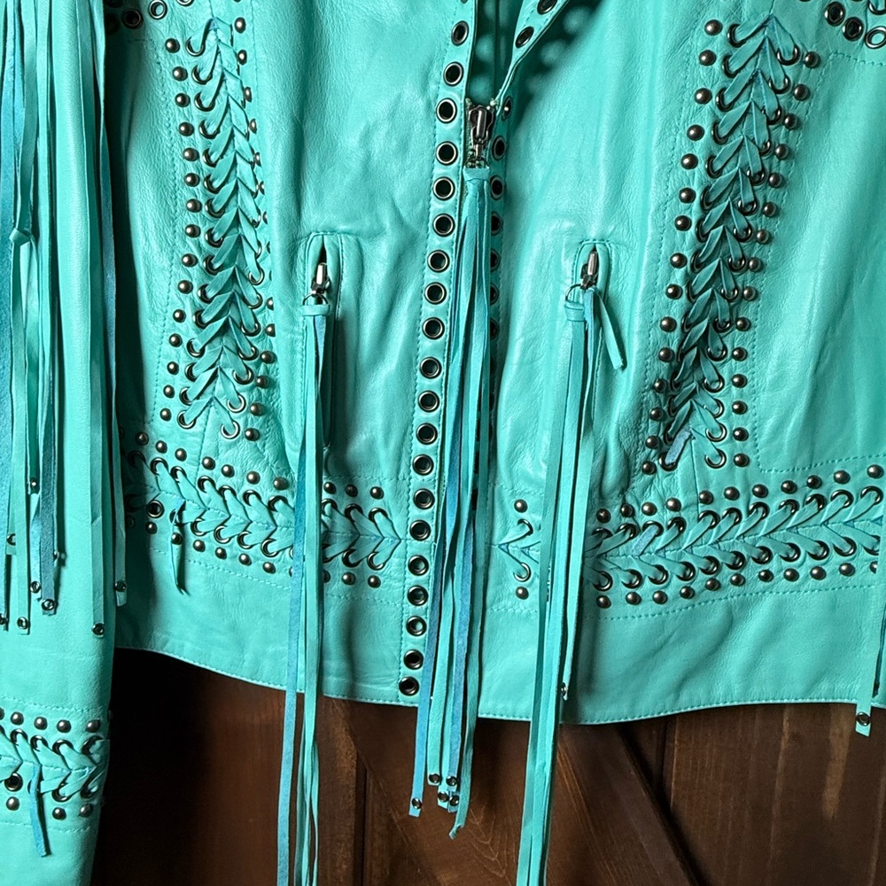 Double D Ranch Turquoise Studded Fringe Leather Jacket - Picture 6 of 10